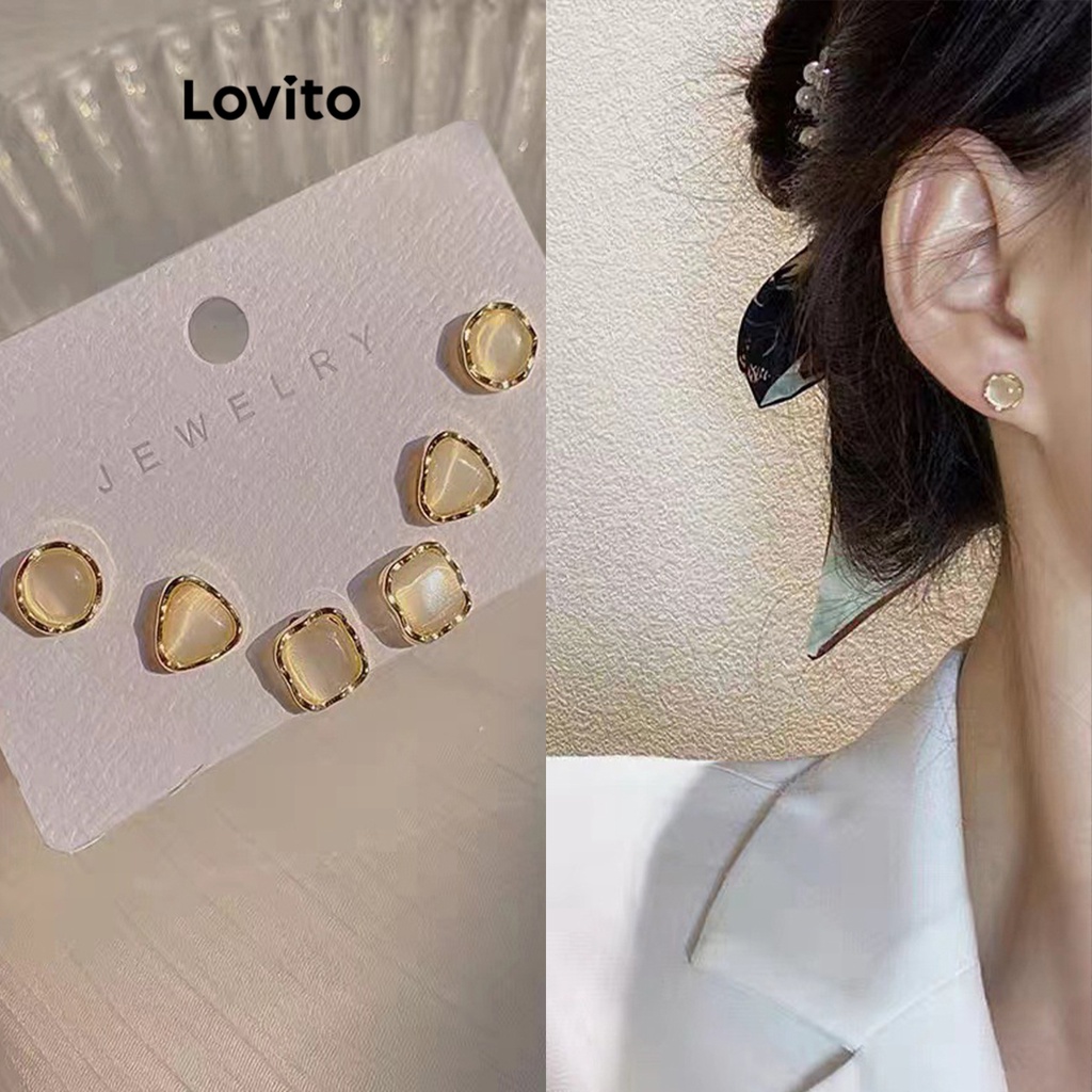 Lovito Brincos De Pedra De Olho De Gato Vintage Geométricos Casuais Com Contraste Simples Para Mulheres LFA09412