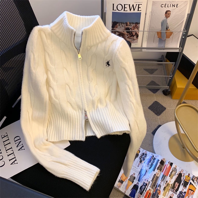 Camisola de malha feminina Coreano retrô camisola de gola vertical casaco feminino outono e inverno redução da idade bordado chique cardigã de malha blusa de estilo acadêmico