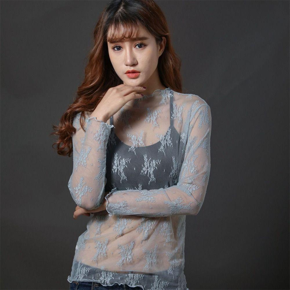 Camiseta Transparente HOURE Lace T shirt , See-Through Long Sleeve