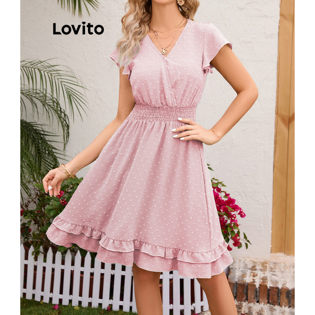 Lovito Vestido Feminino Casual Com Babados E Bainha Lisa LNL39047 (Verde Claro/Rosa)