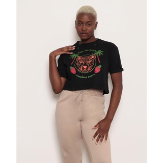 Blusa Cropped Feminina Estampa Onça Preta