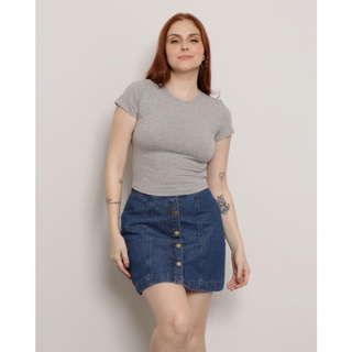Blusa Cropped Feminina Manga Curta Mescla Cinza