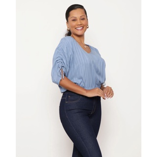 Blusa Feminina Manga 3/4 Com Colisse Viscose Azul