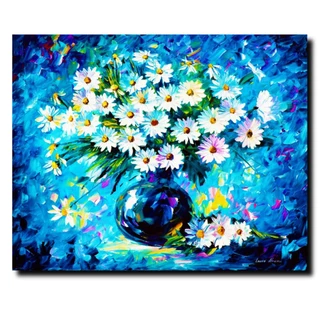 Quadro Decorativo para sala Vaso de Flores Margaridas abstrato Azul Releitura Leonid Afremov em Tela Acetinada
