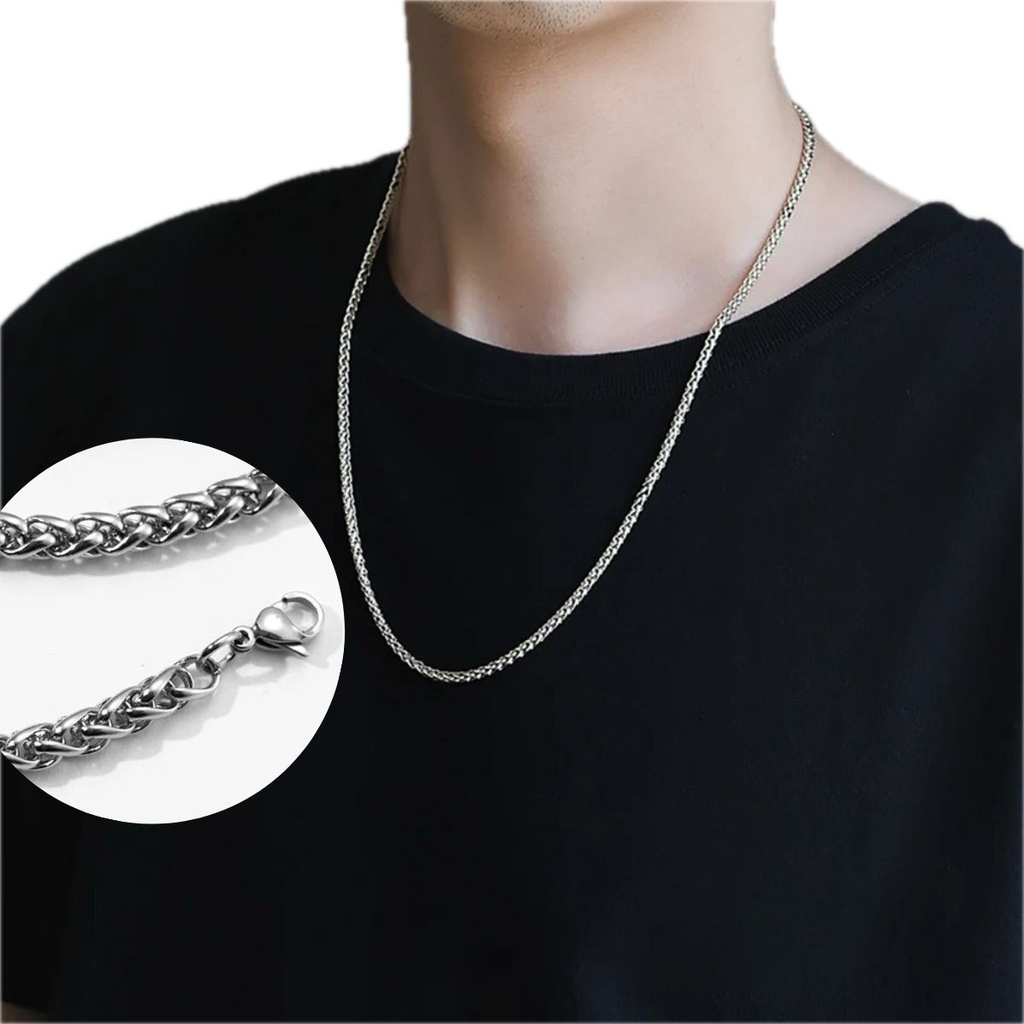 Colar cordão trançado aço inox legítimo prata masculino