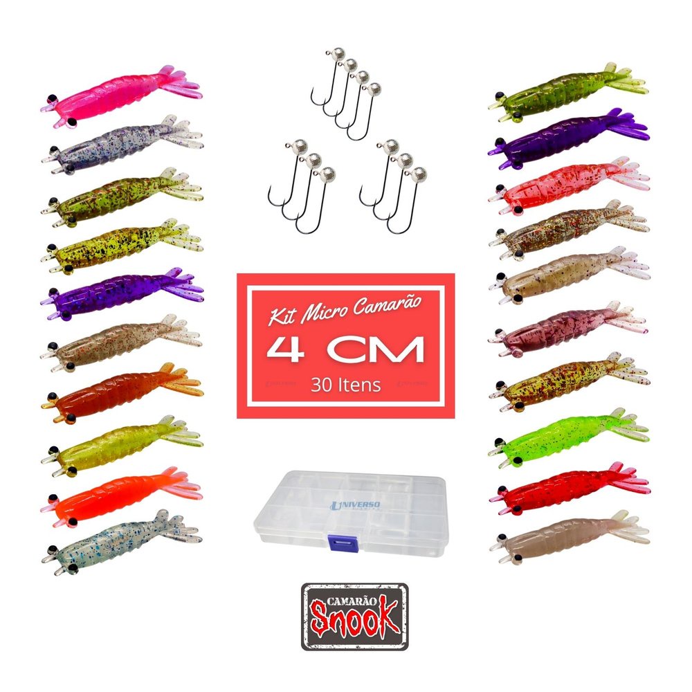 Kit Micro Camarão Artificial 4cm Snook com 31 Itens By Universo Fishing