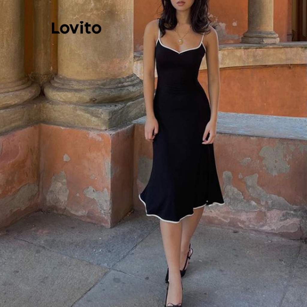 Lovito Elegante Vestido Feminino Liso Colorblock L68ED175 (Preto)