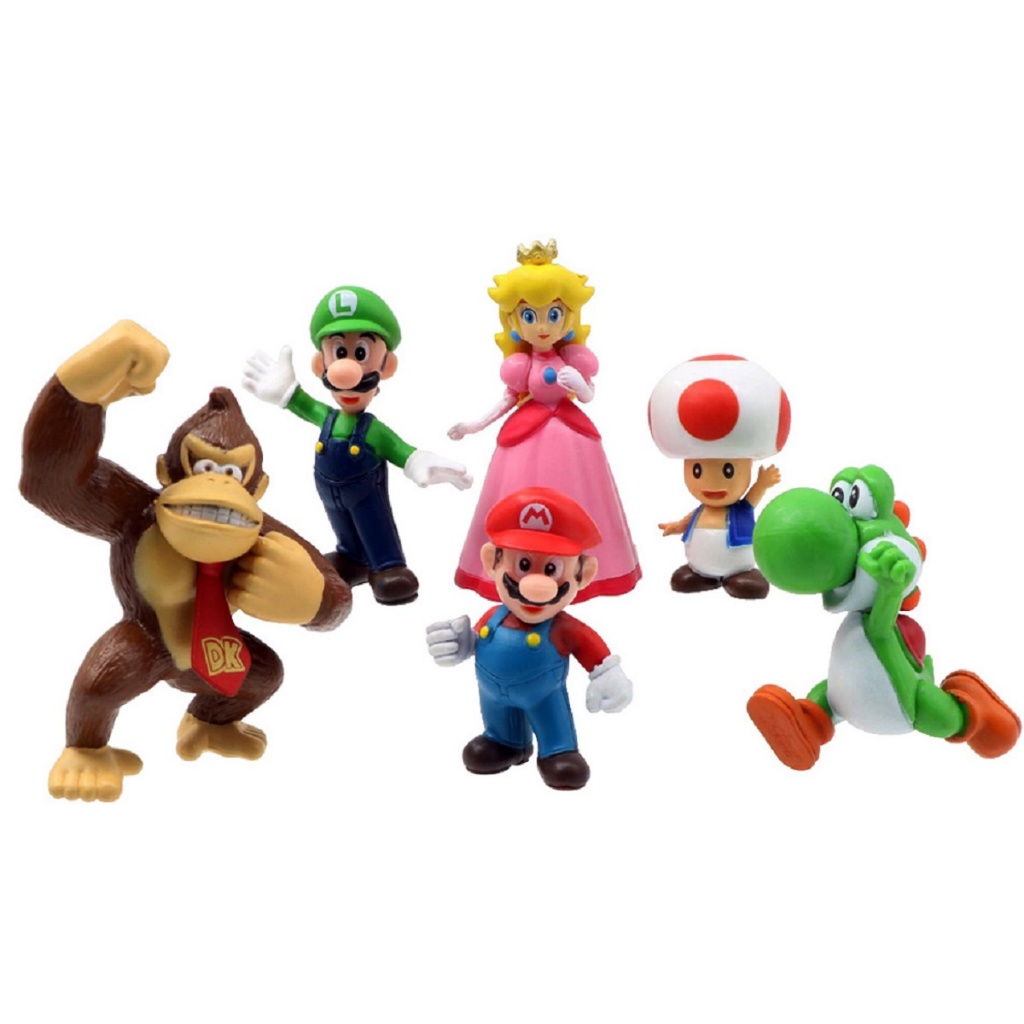 Kit 6 Bonecos Mario Bros Action Figure Mario, Luigi, Peach, Toad, Doney kong