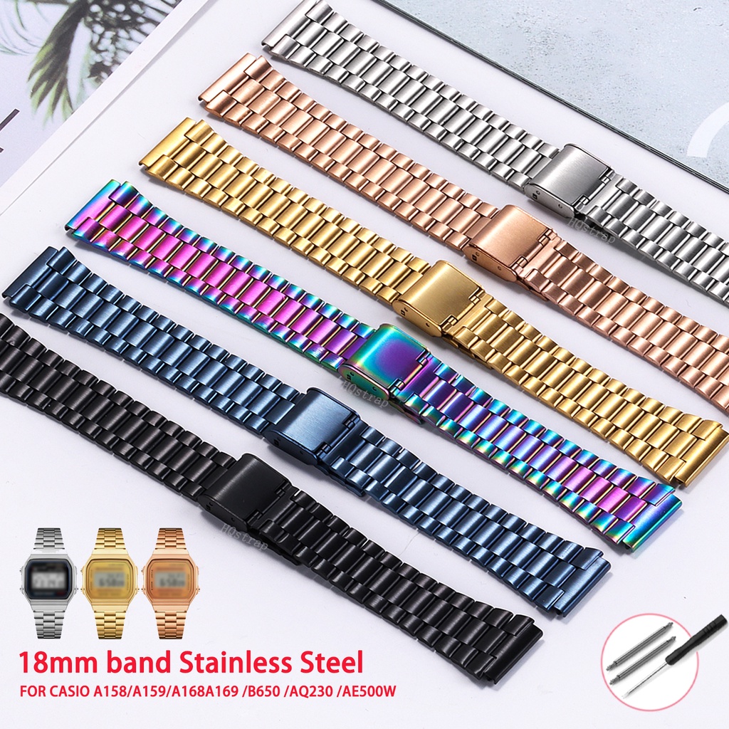 Cintas De Aço Inoxidável De 18mm Para CASIO A158/A159/A168/A169/B650/AQ230/AE500W Banda De Três Contas Relógios De Metal Pulso Feminina Pulseira Masculina Acessórios