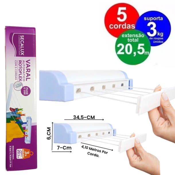 Varal De Parede Automatico Inteligente Rotoflex Para Apartamento Ou Casa Economiza Espaco 5 Cordas Retratil Secalux Recolhivel Branco