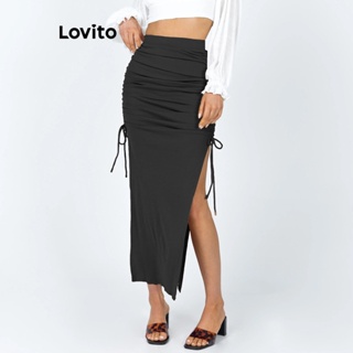 Lovito Saia Casual Simples Com Cordão E Cordão Para Mulheres LNE31066 (Preto)