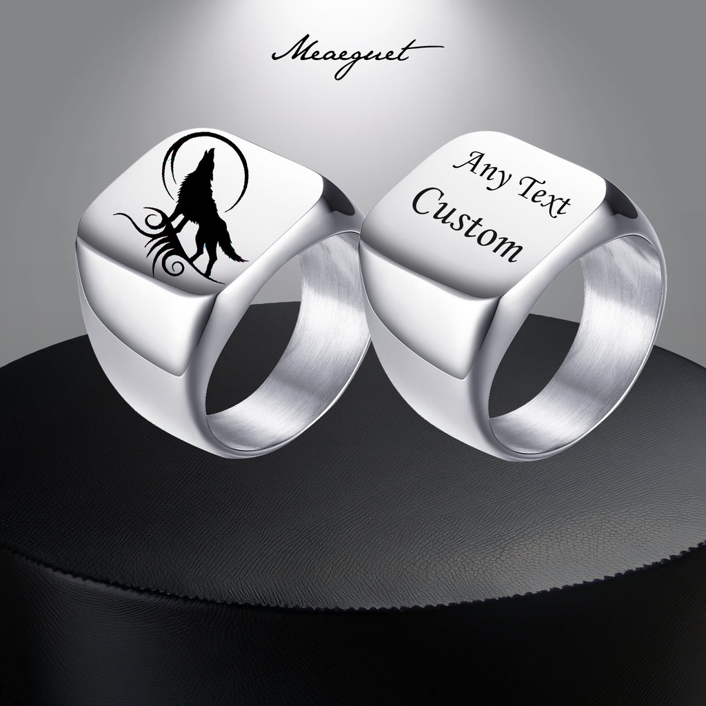Meaeguet Texto De Imagem Personalizada Anéis De Sinalização Quadrados De Aço Inoxidável Para Homens Anel Gravado