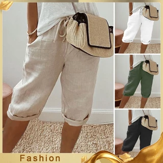 [CCF] Calça Casual Com Bolsos Cintura Elástica Respirável Cor Sólida Estilo Vintage De Joelho Cordão De Arrastar Para Senhora