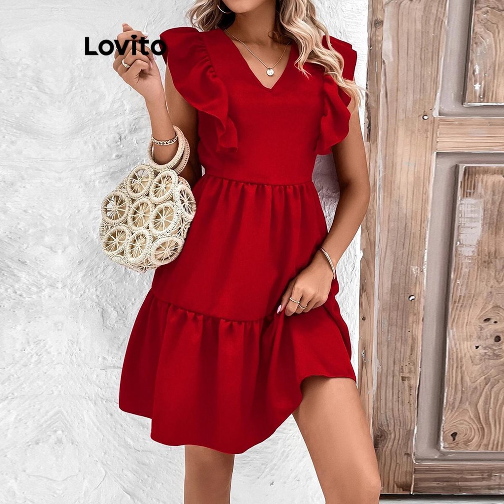 Lovito Vestido Boho Liso Com Babados E Amarração Nas Costas Para Mulheres LNL38081 (Vermelho)