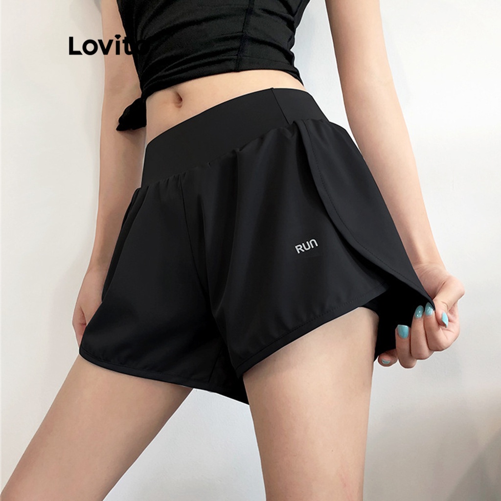 Lovito Shorts Esportivos de Dupla Camada com Letras e Amarração Simples para Mulheres LNA10136 (Cinza Claro/Azul Escuro/Preto)
