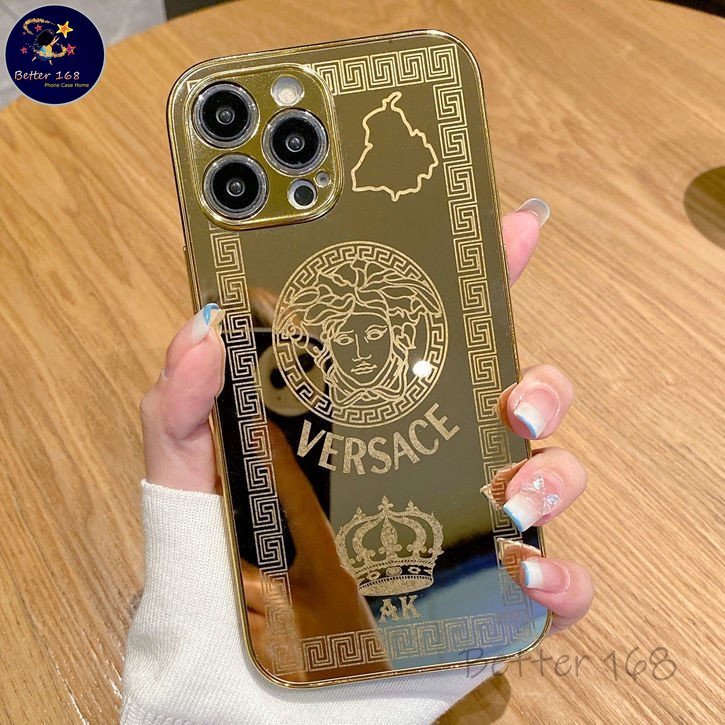 Estojo protetor para iPhone com efeito espelho dourado 24k (Resina acrílica, Anti-colisão), adequado para 14 Pro Max 14 Plus 13 12 11 Xs XR