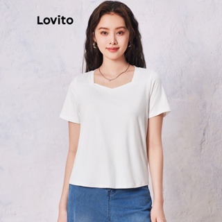 Lovito Camiseta Básica Casual De Linha De Estrutura Lisa Para Mulheres LNE31222 (Branco Preto)