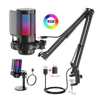 Microfone Para Jogos USB PC Condensador Com Braço De Lança Mac/PS4/PS5 Botão De Ganho De Iluminação Touch Mute RGB Streaming Podcasting YouTube