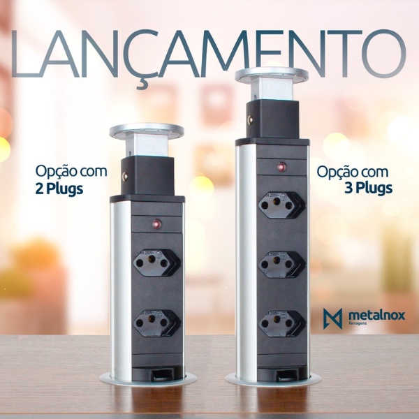 Torre 2 Tomada Multiplug Retratil Embutir Mesa Bancada Totem Bivolt Metalnox