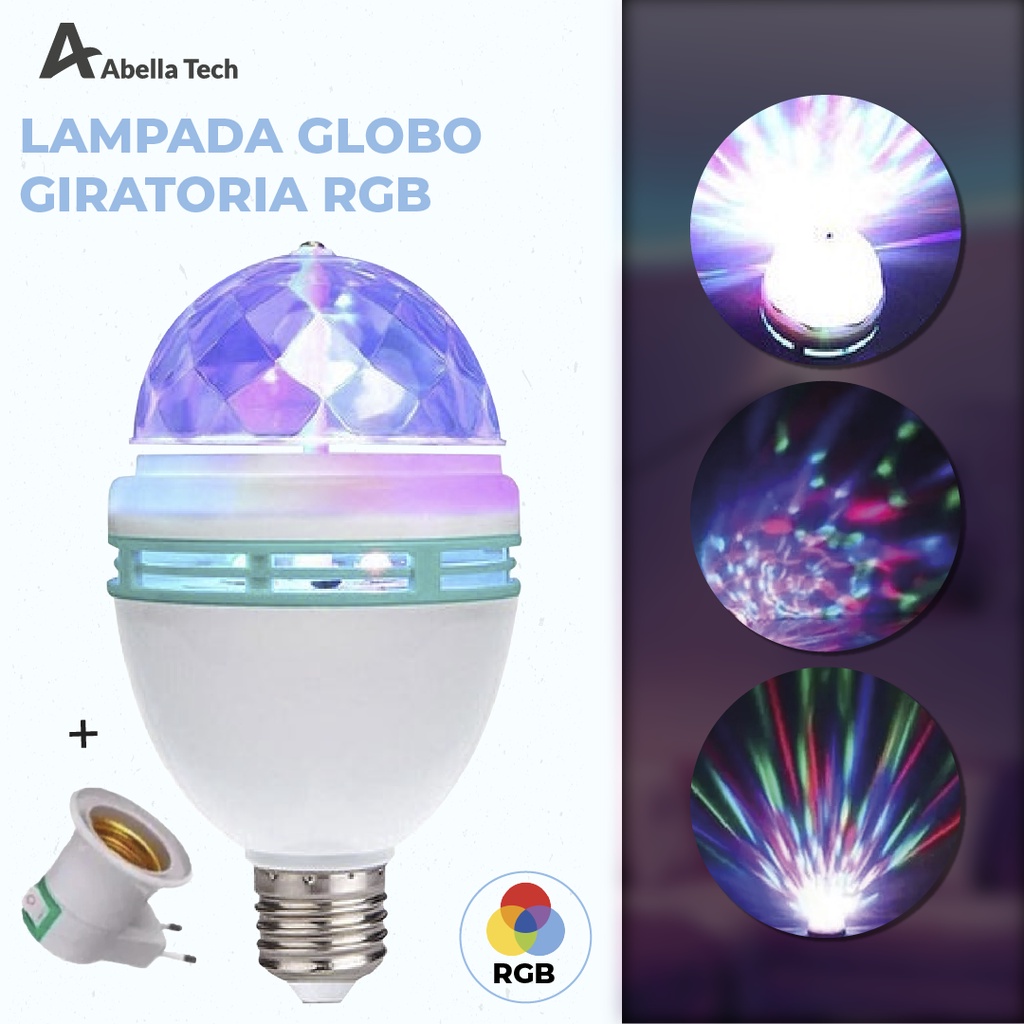 Lâmpada Giratória Colorida Led Bola Maluca Rgb + Adaptador Tomada para Festas Baladas