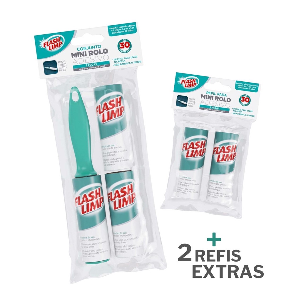 Conjunto Mini Rolo Adesivo Com 4 Refis Extras Flash Limp | Shopee Brasil