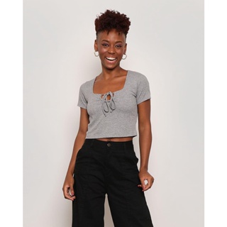 Blusa Feminina Cropped Decote Vazado Cinza