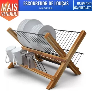 Escorredor de Louças Dobrável 35x25cm Madeira Seca Copos Pratos Talheres