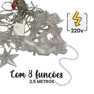 Cascata de Símbolos Natalinos com 8 Funções 120 LEDs Branco Quente 2,5 Metros