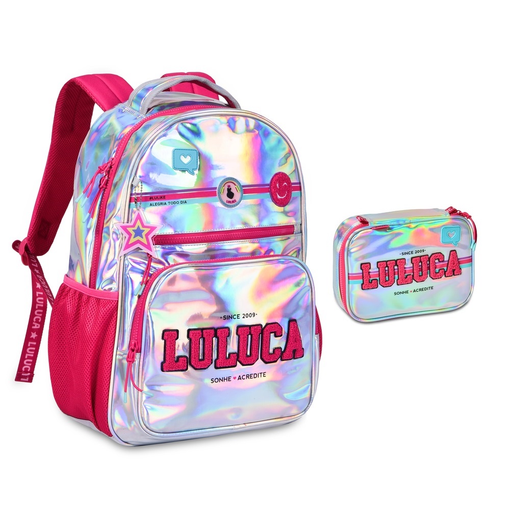 MOCHILA E ESTOJO LULUCA KIT ESCOLAR PRATEADO ADOLESCENTES YOUTUBER