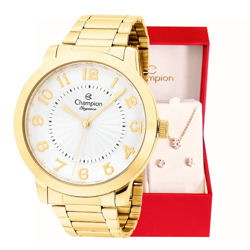 Relógio Champion Feminino Analógico Dourado Elegance + Kit Colar e Brincos Original À Prova d'Água Presente Moda Gift Aniversário Tendência Estilo Mulher Esposa Namorada Mãe Barato CN25118W