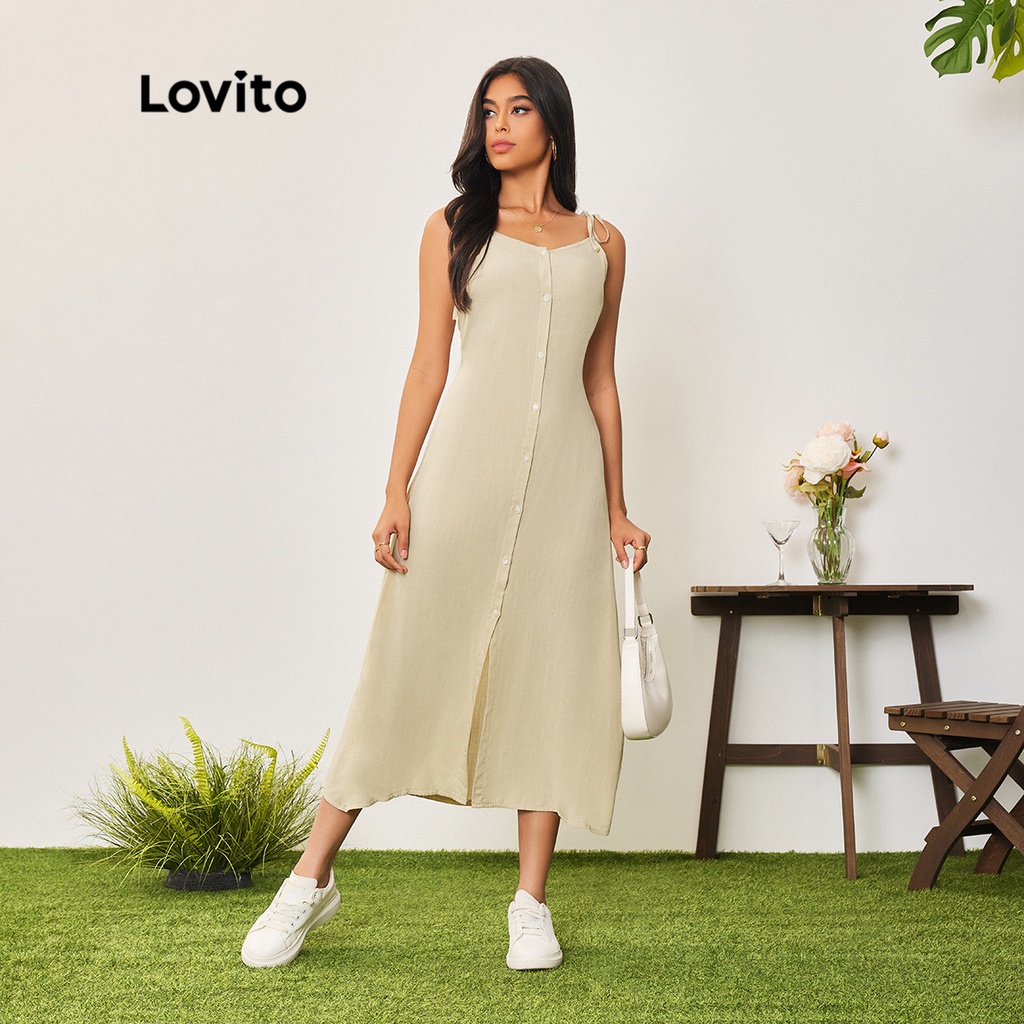 Lovito Casual Vestido Feminino Liso com Botão LBA05098 (Damasco)