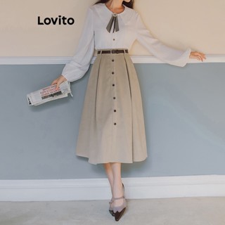Lovito Elegante Saia Feminina Lisa com Cinto e Botão LNA27106 (Bege)