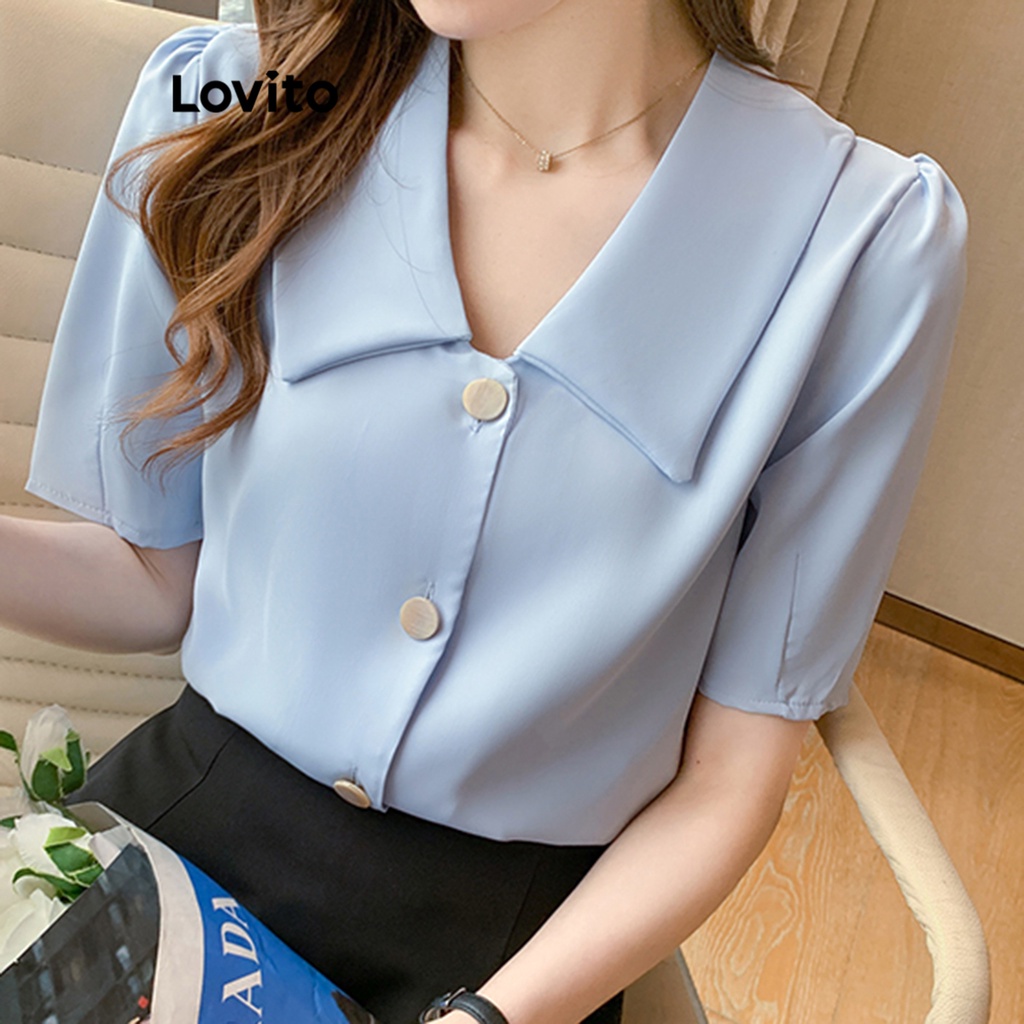 Lovito Casual Blusa Feminina Lisa Básica com Botão Frontal LNE29138 (Branco/Azul)