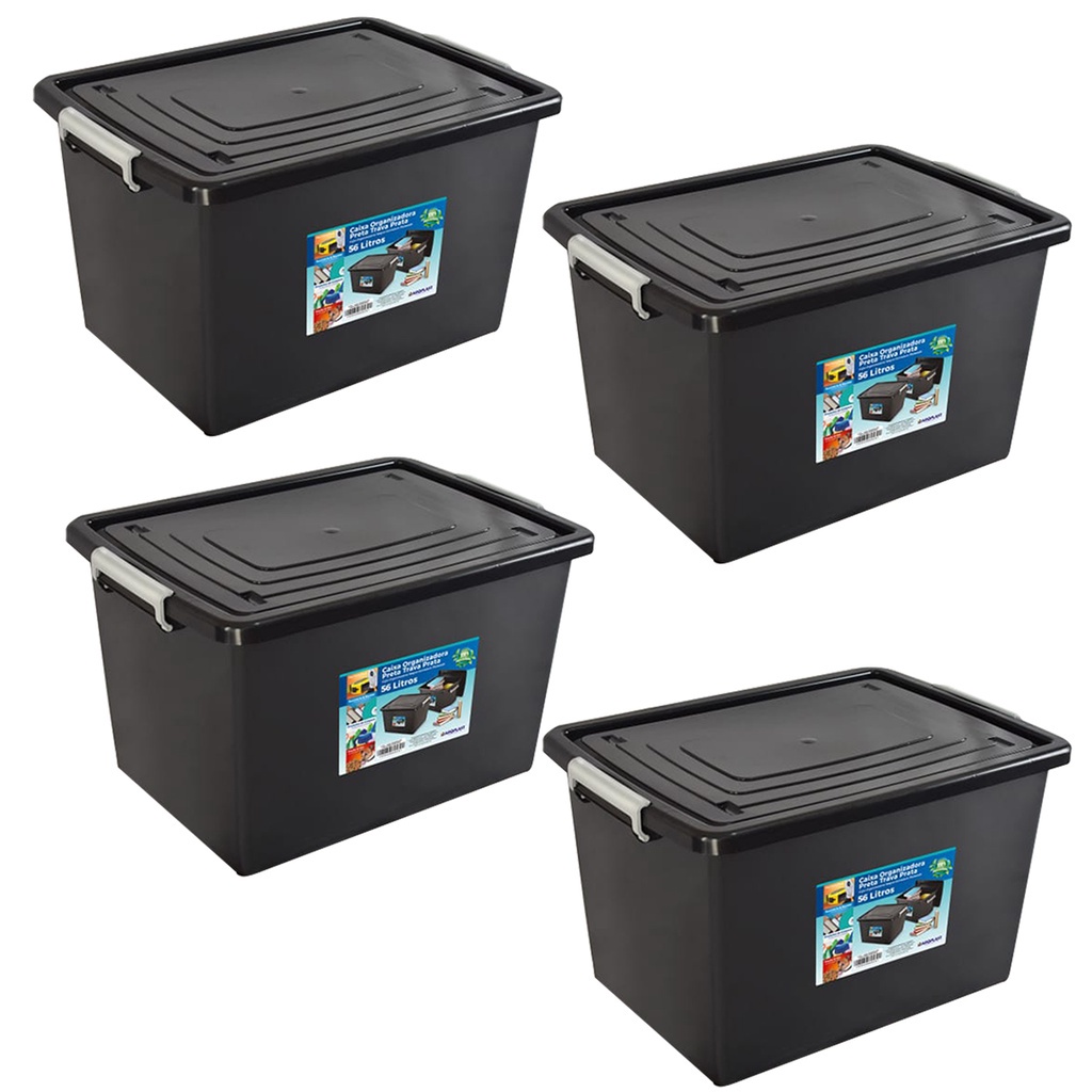 Kit 4 Caixas Organizadoras C/ Tampa e Trava 56 Litros Preta