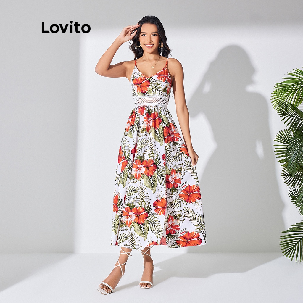 Lovito Boho Vestido Feminino de Renda Estampa Tropical com Fenda na Coxa LBL07186