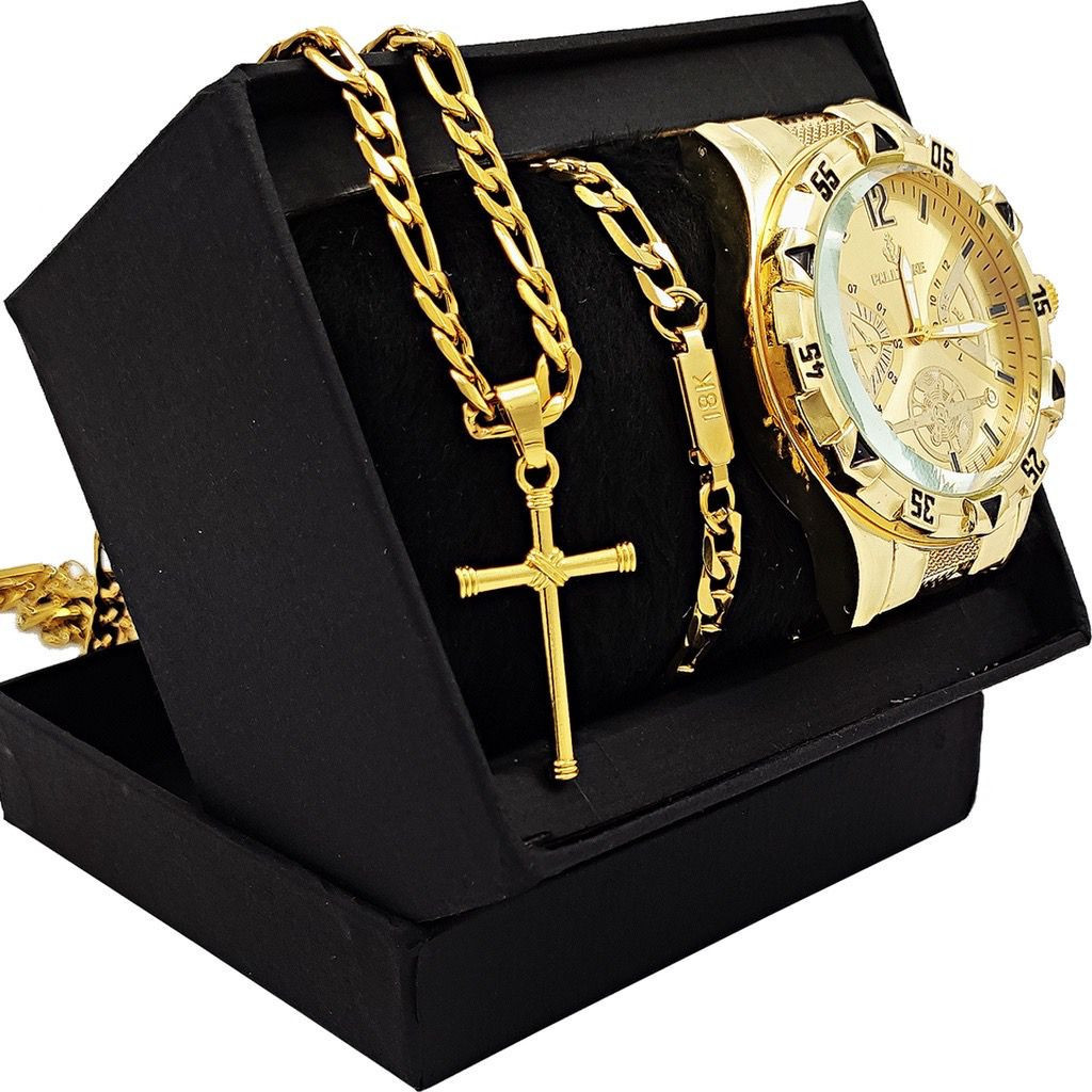 Kit Relógio Masculino Banhado a Ouro 18k Dourado Original Luxo + Corrente em Aço Banhada 18k Masculina + Pulseira e Pingente