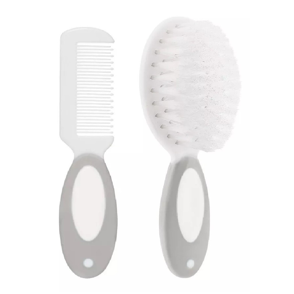 Kit Escova E Pente De Cabelo Bebe Infantil Cerdas Macias Buba Cinza ...