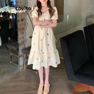 Lovito Casual Vestido com Babado Floral para Mulheres LNE21053 (Damasco)