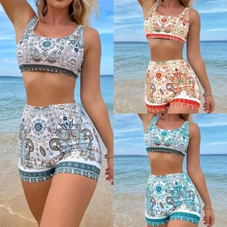Biquíni Floral Feminino Conjuntos De 2 Peças Fato De Banho De Cintura Alta Com Calções