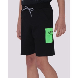 Bermuda Moletinho Juvenil Bolso Cargo Neon Preta
