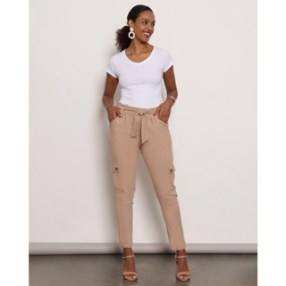 Calça Feminina Viscolinho Com Bolso Cargo Bege