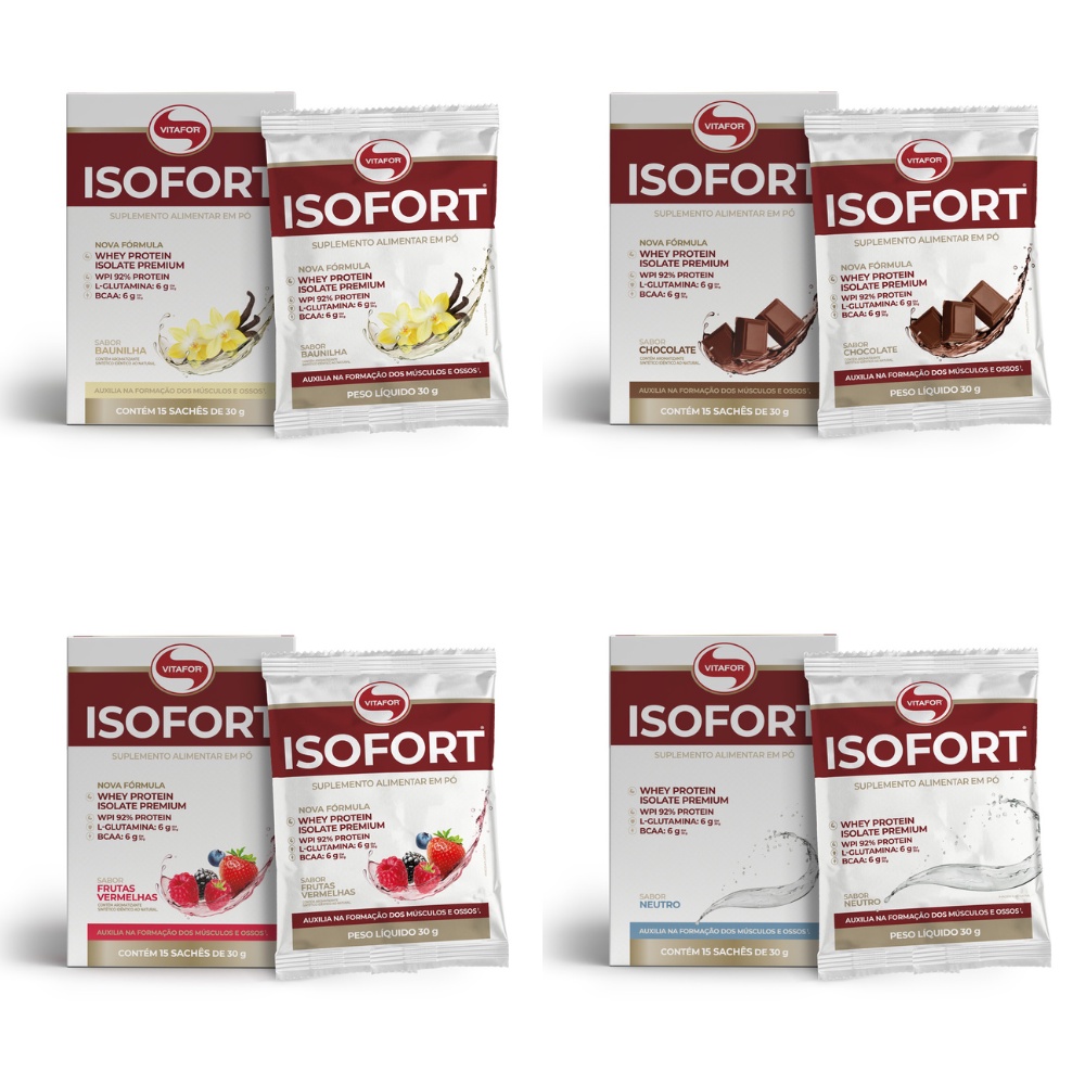 Isofort Whey Protein Isolado Premium Vitafor L-Glutamina e Bcaa Todos os Sabores em Pó Display com 15 Sachês 30g