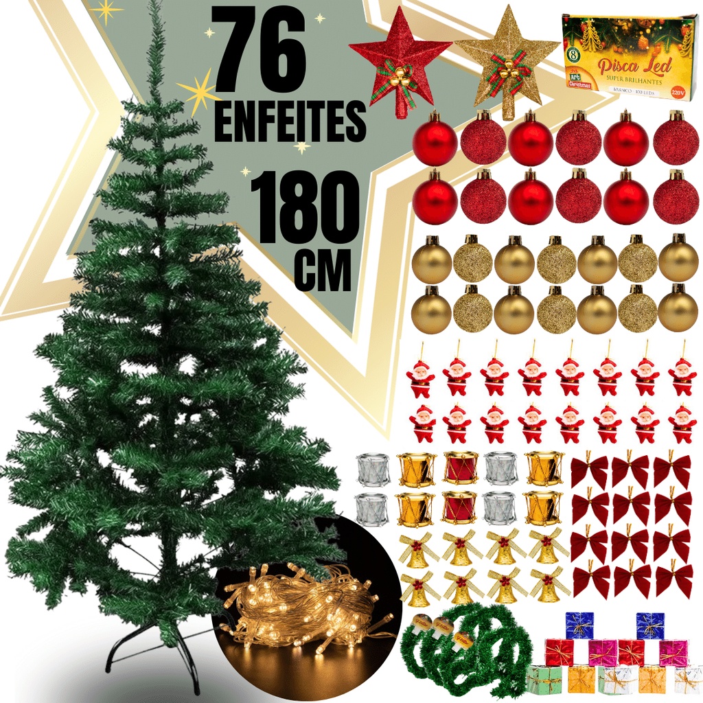 Árvore Natal Pinheiro Premium 180 cm 1,80 m 320 GALHOS Enfeitada Decorada Luxo Kit Completa Enfeites Papai Noel Natalino