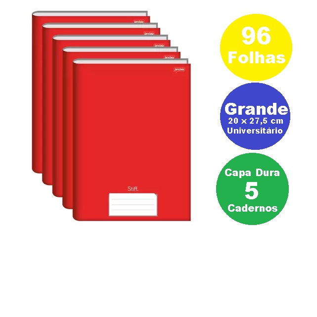 Kit 5 Caderno GRANDE 96fls Capa dura Vermelho Universitario Jandaia Stiff Brochurao Costurado