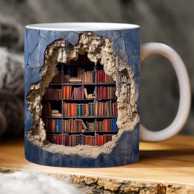 Caneca De Natal 350ml 3D Prateleira Biblioteca Para Leitor