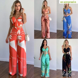 Conjunto de duas peças feminino com calças e camiseta estampada com gola V de cintura alta