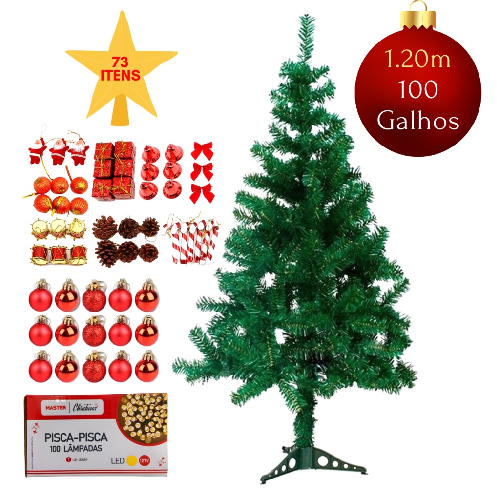 Árvore de Natal Pinheiro Premium 120cm 1,20m 100 GALHOS Enfeitada Decorada Luxo Kit 73 Enfeites Vermelhos Dourados Amarelo Completa Enfeites Papai Noel Natalino