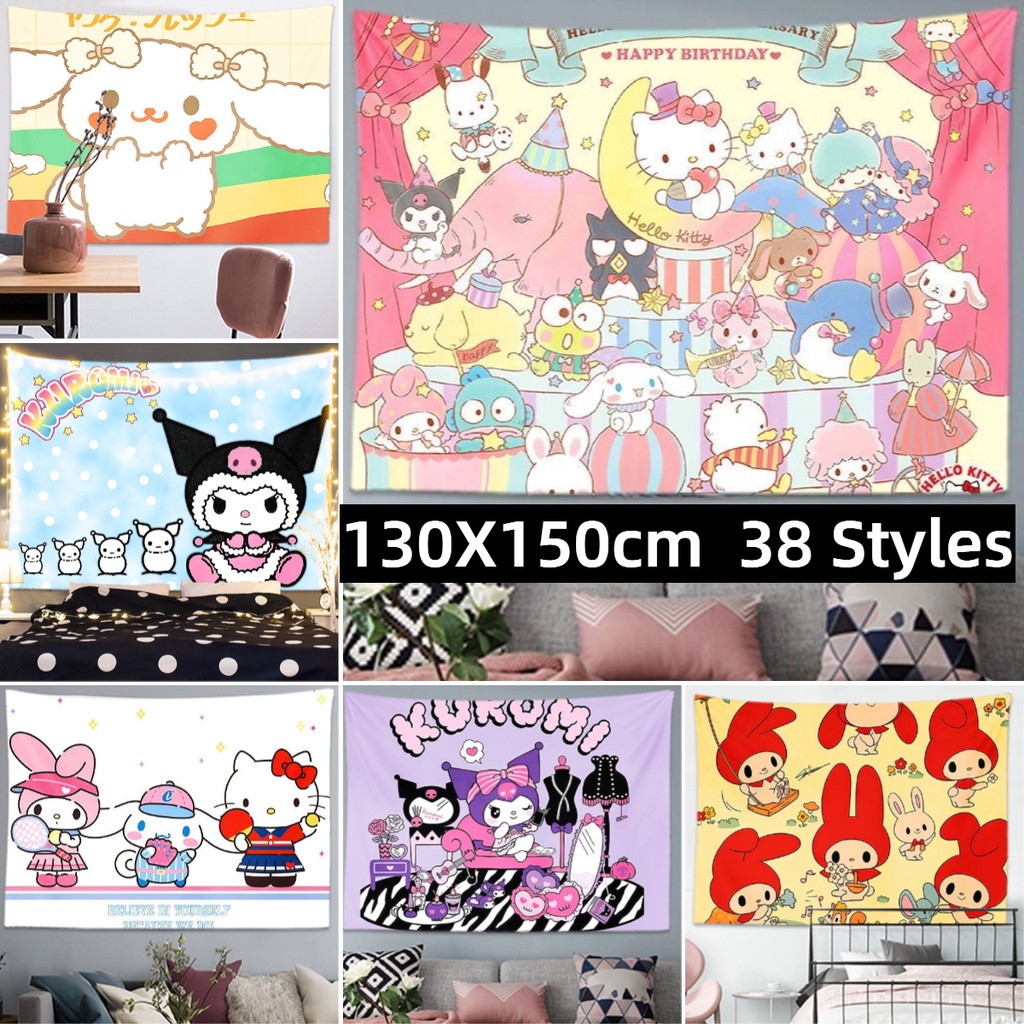150x130cm Sanrio Kuromi Melody Cinnamoroll Pochacco Pom Pom Purin tapeçaria de fundo dormitório quarto cabeceira decoração tapeçaria pendurada pano