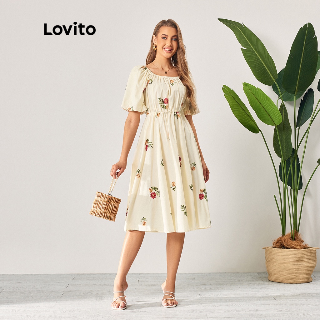 Lovito Boho Vestido com Bordado Floral e Franzidos para Mulheres LBL06108 (Damasco)