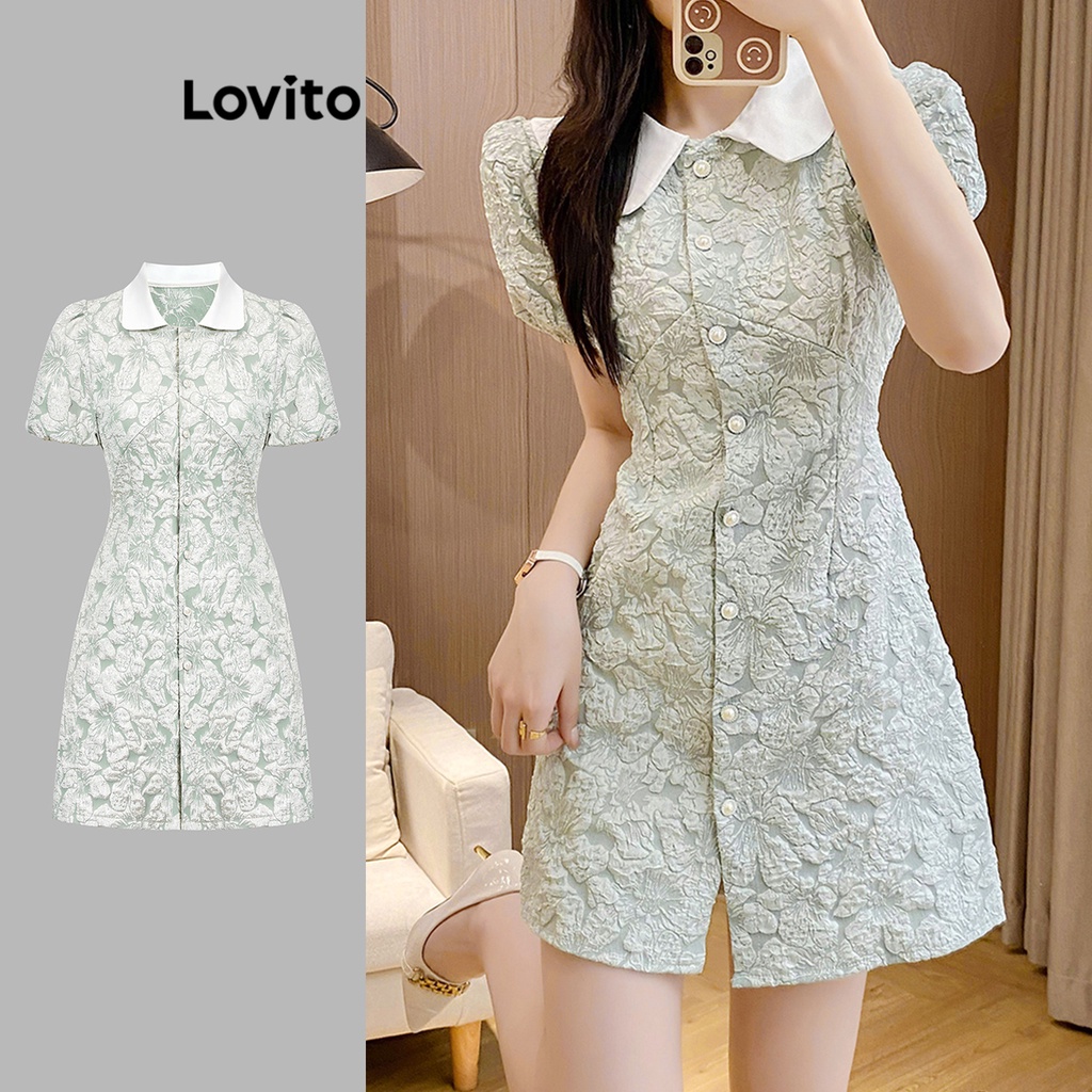 Lovito Elegante Vestido Jacquard Floral com Botões Frontais para Mulheres L74ED163(Multicolorido)